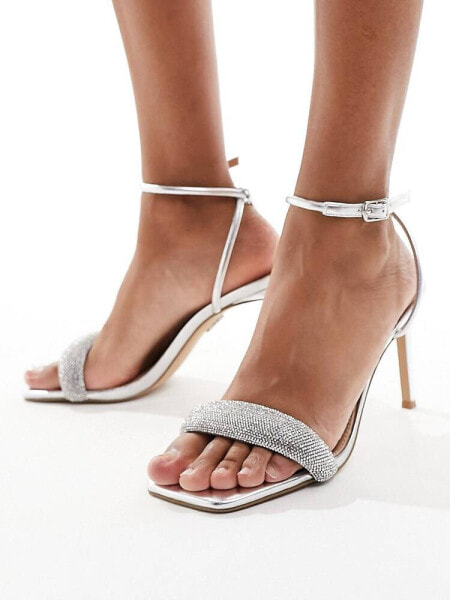 Steve Madden Entice mid heeled sandals in silver with irridescent diamante strap