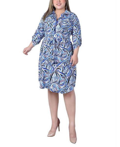 Plus Size 3/4 Roll Tab Sleeve Zippered Shirt Dress