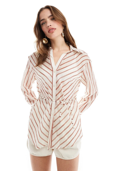 Mango tie front stripe shirt in light brown