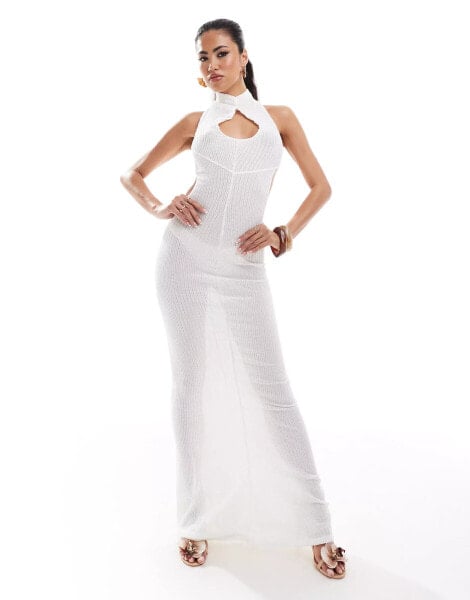 Murci textured high neck sleeveless cut out maxi dress in white