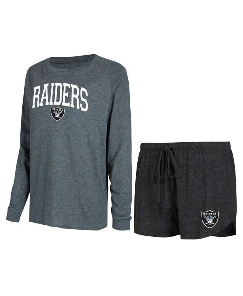 Women's Black, Charcoal Las Vegas Raiders Raglan Long Sleeve T-shirt and Shorts Lounge Set