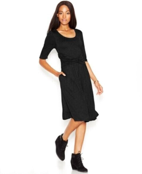 Maison Jules Women's Elbow Sleeve Faux Wrap Dress Scoop Neck Black XS