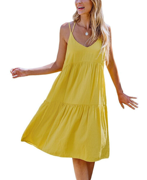 Women's Sunshine Yellow Scoop Neck Sleeveless Midi Beach Dress