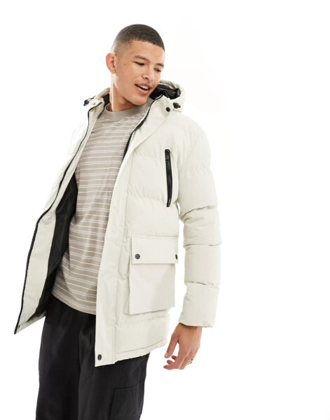 Soulstar multi pocket puffer jacket in stone