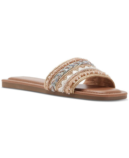 Thread Beaded Square-Toe Slide Flat Sandals