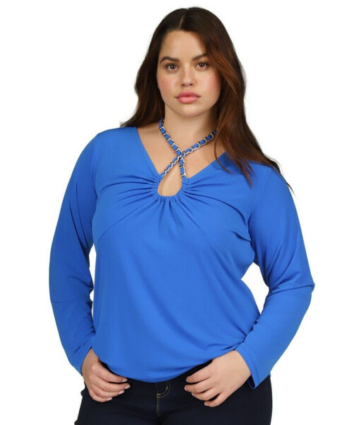 Plus Size Chain-Neck Long-Sleeve Top
