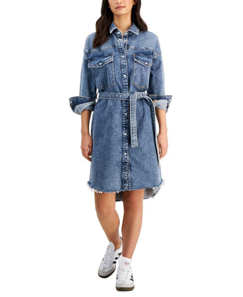 Women's Belted Long-Sleeve Denim Shirtdress