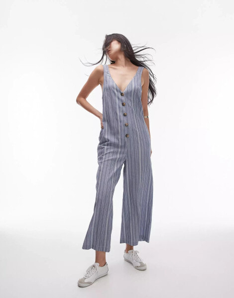 Topshop textured button down jumpsuit in stripe