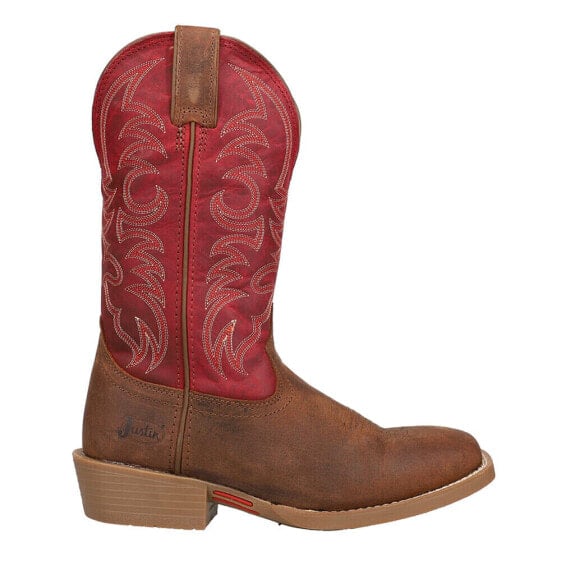 Justin Boots Stampede 12 Inch Embroidered Square Toe Cowboy Mens Brown, Red Cas