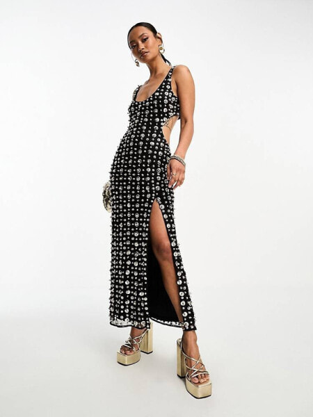 ASOS DESIGN all over embellished cami midi dress in black