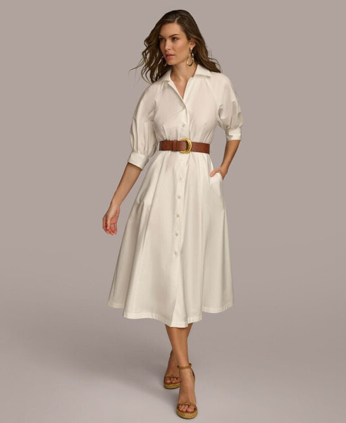 Women's Faux-Leather Belt Cotton Shirtdress