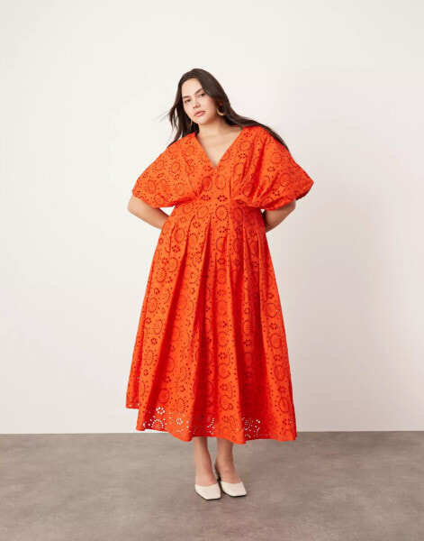 ASOS EDITION Curve broderie wide sleeve plunge midi dress in red