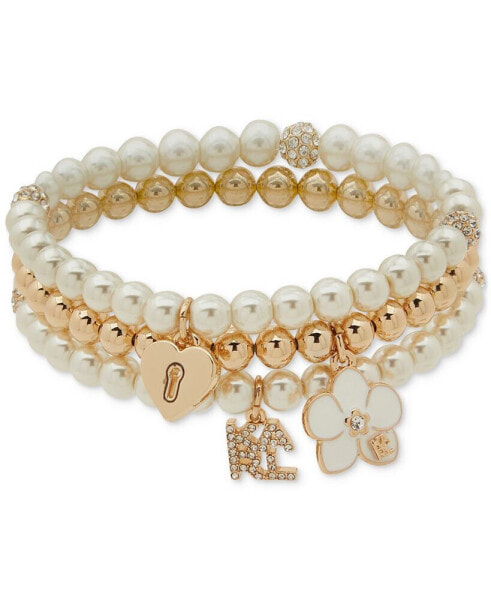 Gold-Tone Imitation Pearl Three Row Charm Orchid Stretch Bracelet