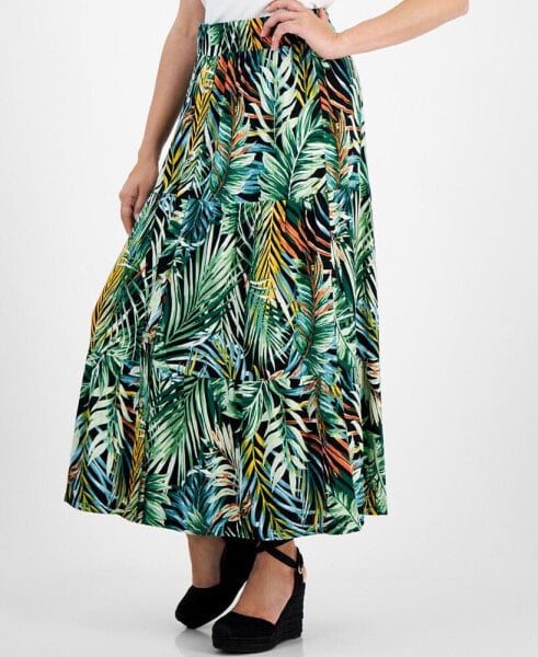 Petite Tiered Foliage-Print Button-Front Skirt