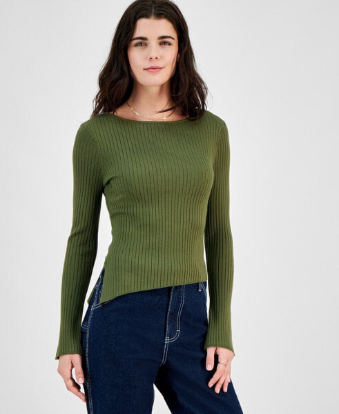 Juniors' Asymmetrical Hem Ribbed Long-Sleeve Top