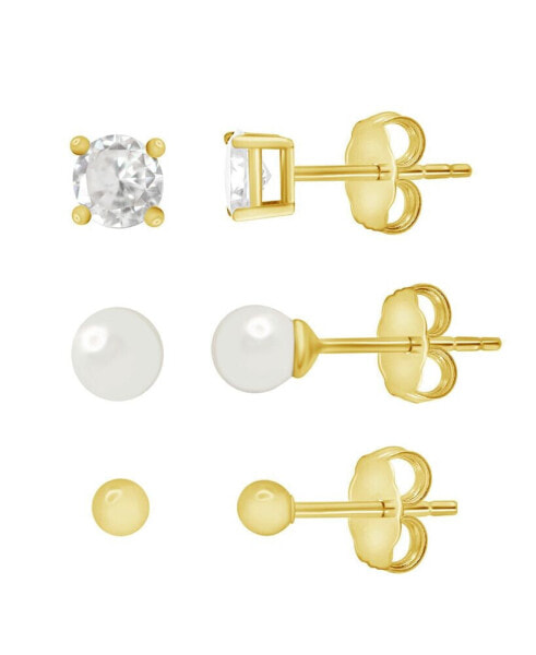 Trio Ball Stud, Round Cubic Zirconia Stud and Glass Pearl Stud Set in Silver Plate or Gold Plate