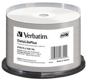 Диски Verbatim DataLifePlus - DVD-R - 120 мм - Белый - Шпиндель - 50 шт. - 4,7 ГБ - 16x