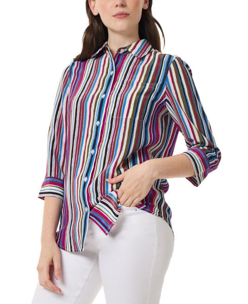 Women's Striped 3/4-Sleeve Collared Blouse