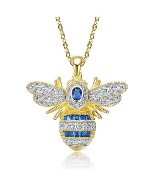 Sterling Silver 14k Yellow Gold Plated with Sapphire Cubic Zirconia Pave Wasp Pendant Necklace