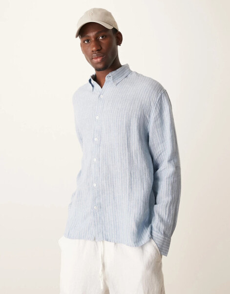 Abercrombie & Fitch long sleeve striped linen shirt in blue and white