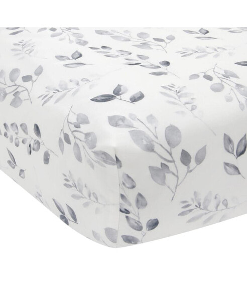 Painted Forest White/Gray Watercolor Leaf Print Baby Fitted Crib Sheet