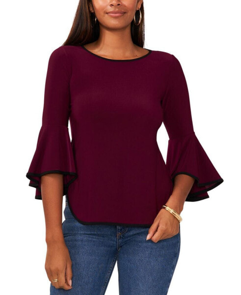 Petite Contrast-Trim Bell-Sleeve Top