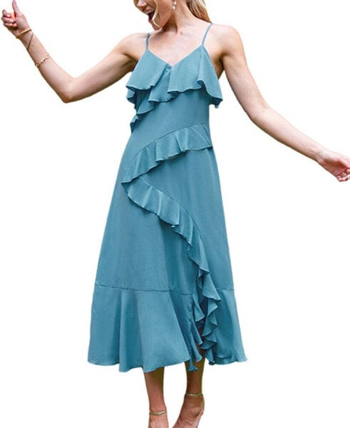 Women's Blue Asymmetrical Ruffle Maxi Beach Dress