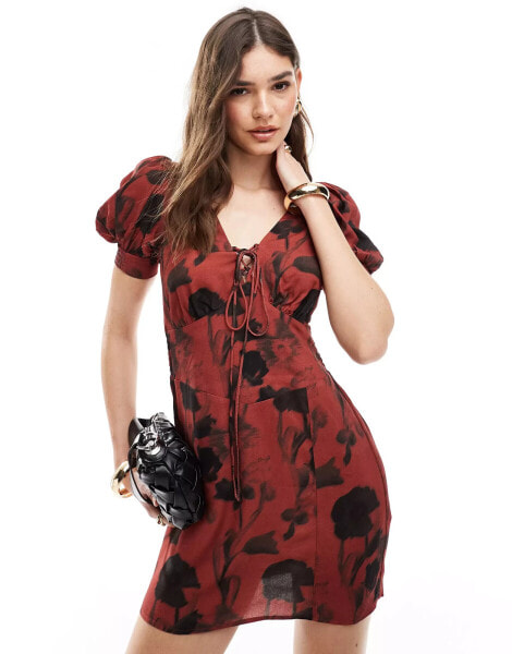 ASOS DESIGN puff sleeve lace up mini dress in red vintage floral