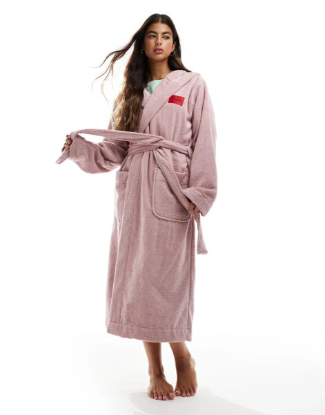 HUGO Bodywear teddy fleece hooded dressing gown in light pink