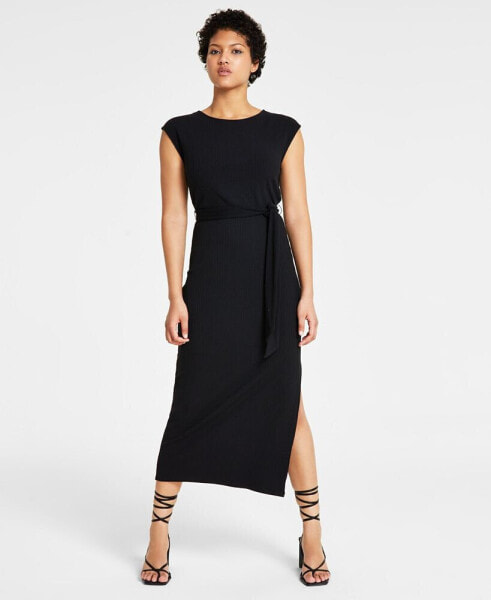 Платье средней длины с завязкой на поясе Bar III Petite Ribbed Cap-Sleeve Midi Dress, созданное для Macy's