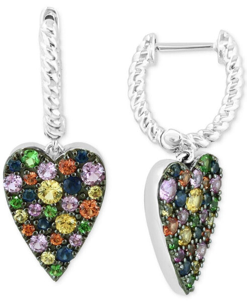 EFFY® Multi-Sapphire (1-3/8 ct. t.w.) & Tsavorite (1/8 ct. t.w.) Heart Dangle Hoop Earrings in Sterling Silver