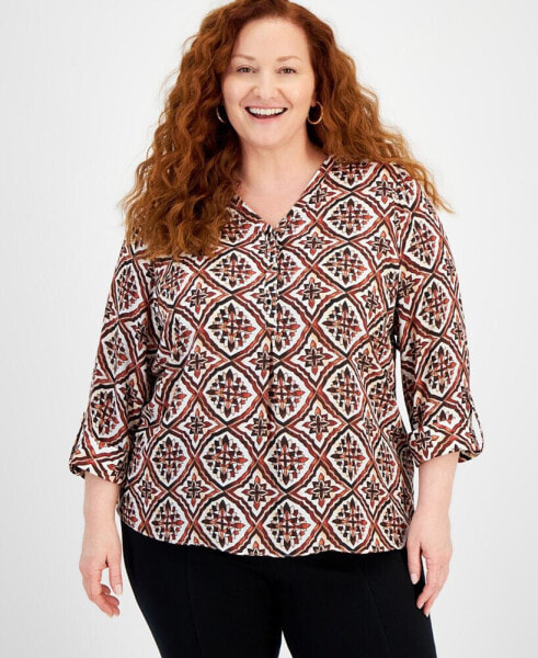 Plus Size Myra Medallion 3/4 Sleeve Top, Created for Macy's