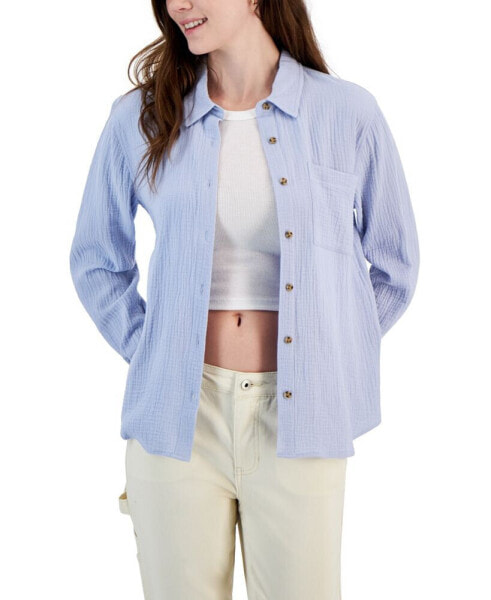 Juniors' Button-Front Gauze Shirt