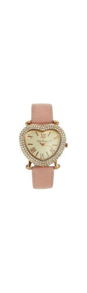 Women's Heart Shaped Rose Gold Crystal Watch with Pink Suede Strap