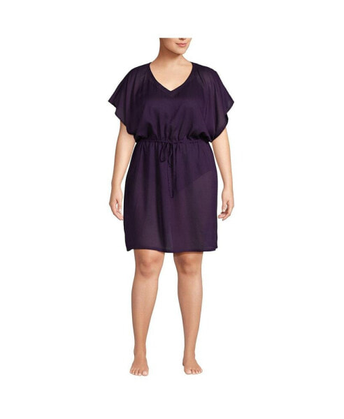 Plus Size Sheer Over d Short Sleeve Gathered Waist Swim Cover-up Dress