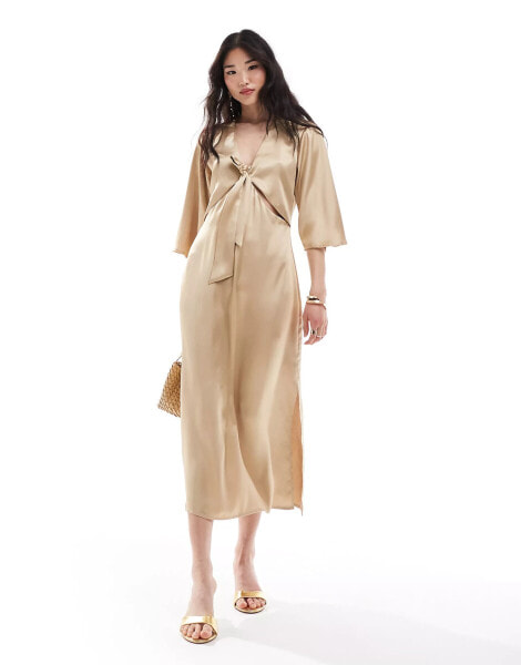 Pretty Lavish tie front satin midaxi dress in Irish cream