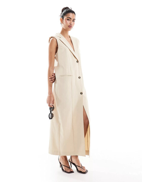 ASOS DESIGN column waistcoat midi dress in stone