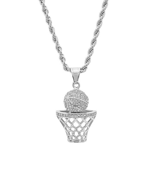 Men's Stainless Steel Simulated Diamond Basketball and Hoop Pendant