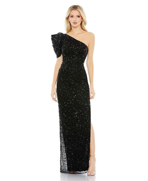 Women's Embellished Puff One Shoulder Column Gown