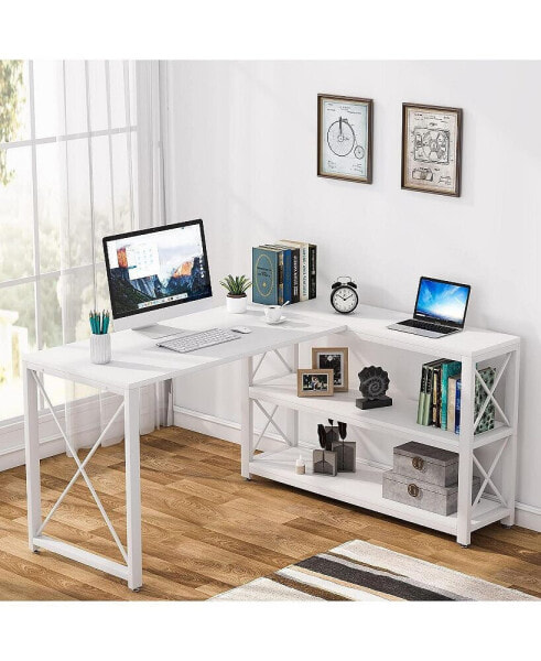 Reversible L-Shaped Desk with Storage Shelves, Corner Computer Desk, PC Laptop Study Table, Workstation for Home Office Small Space