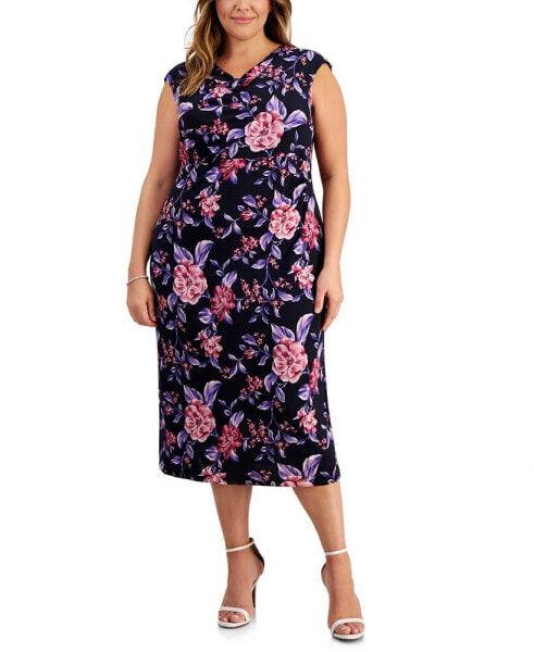 Plus Size Printed Cowlneck Midi Dress