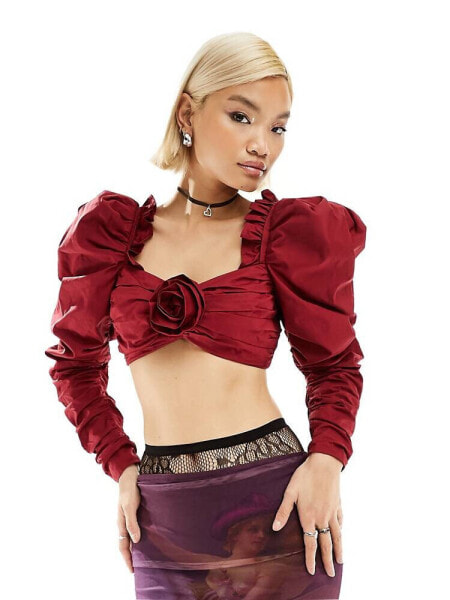 Labelrail x Dyspnea corsage detail puff sleeve rococo cropped blouse in oxblood