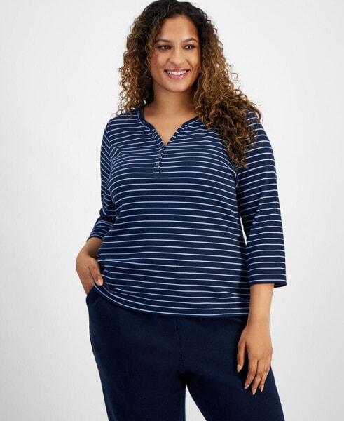 Plus Size Printed Henley 3/4-Sleeve Top, Created for Macy's