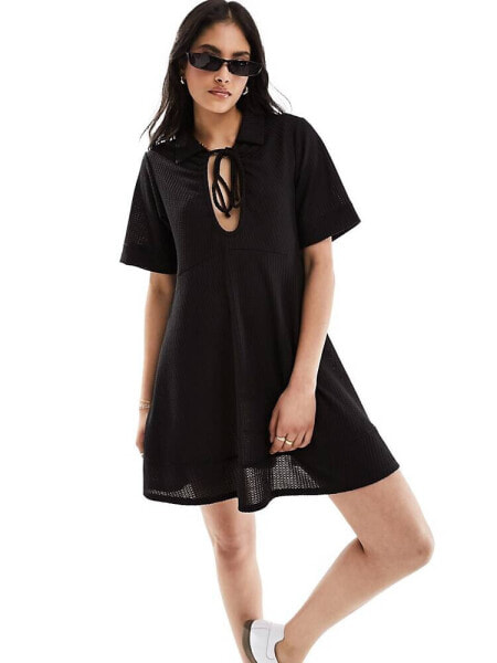 ASOS DESIGN waffle tie front smock mini dress in black