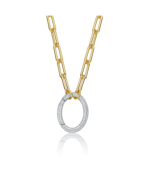 Rectangle-shaped 14k Gold-plated Chain With Round-brilliant stones Pendant Cubic Zirconia In Sterling Silver.