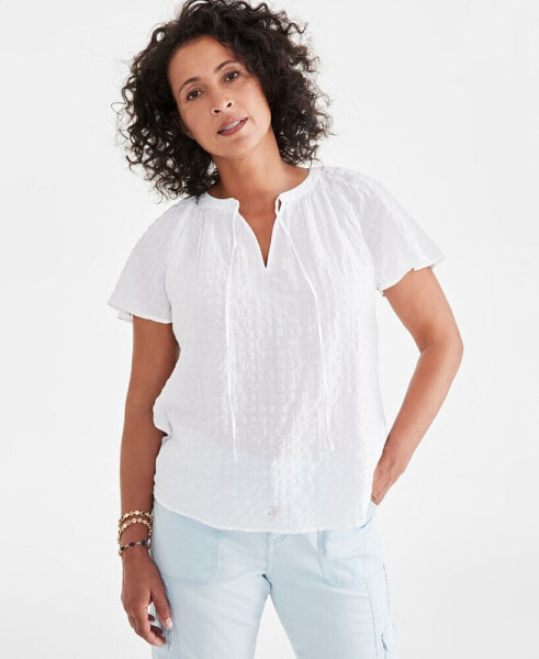 Women's Seersucker Split-Neck Flutter Sleeve Top, Created for Macy's