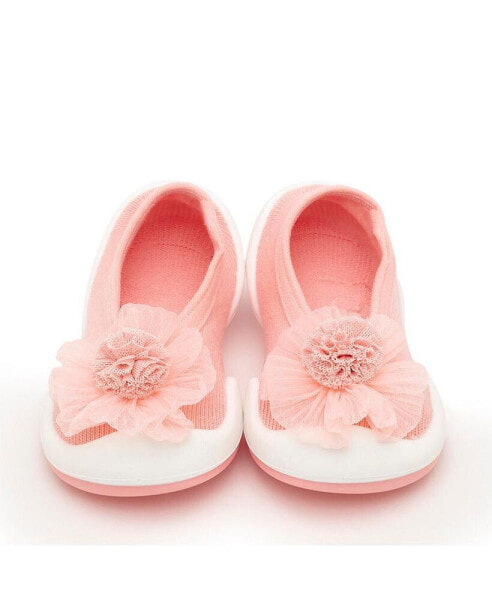 Infant Girl Breathable Washable Non-Slip Sock Shoes Flat - Pompom Flower Pink