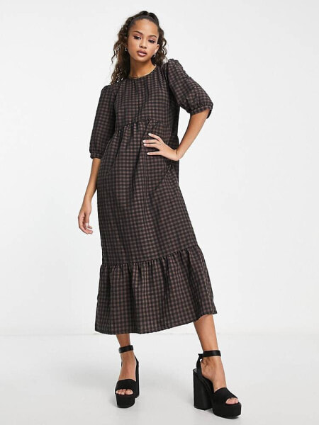 Nobody's Child Rachel puff sleeve smock midi dress in brown check