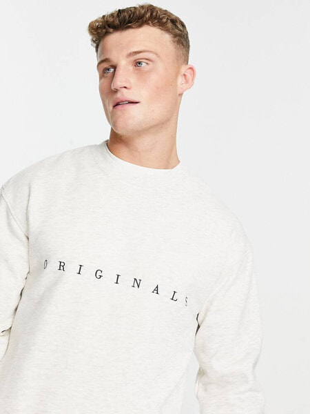 Jack & Jones Originals embroidered logo crew neck sweatshirt in white melange