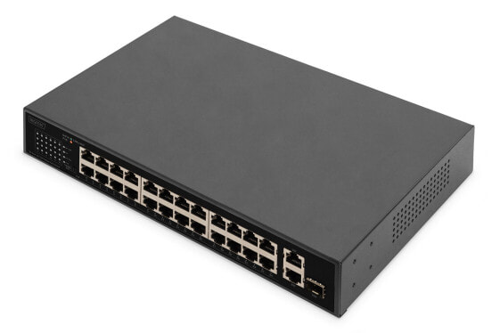 DIGITUS 24-Port Fast Ethernet PoE Networkswitch, 19 Zoll, unmanaged, 2+1 Uplink Ports, RJ45 + SFP, 240 W, af/at